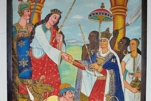 Ethiopian christian painting “The Journey of the Queen of Sheba”, meeting of King Solomon and Queen of Sheba