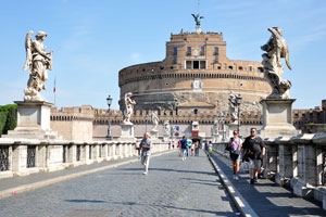 Ponte Sant'Angelo spans the Tiber from the city center to the Mausoleum of Hadrian