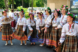 A Belarusian ensemble is during the dance performance