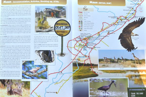 The tourist map: “Maun - Accommodation, Activities, Stocking up, ATMs” (pages 9-10)