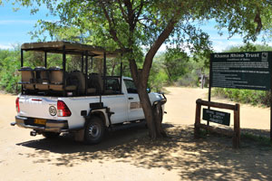 An information board at the entrance is entitled as “Khama Rhino Trust conditions of entry”