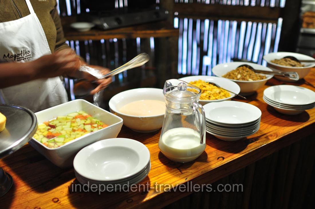 Fruits and cereals are available at the breakfast
