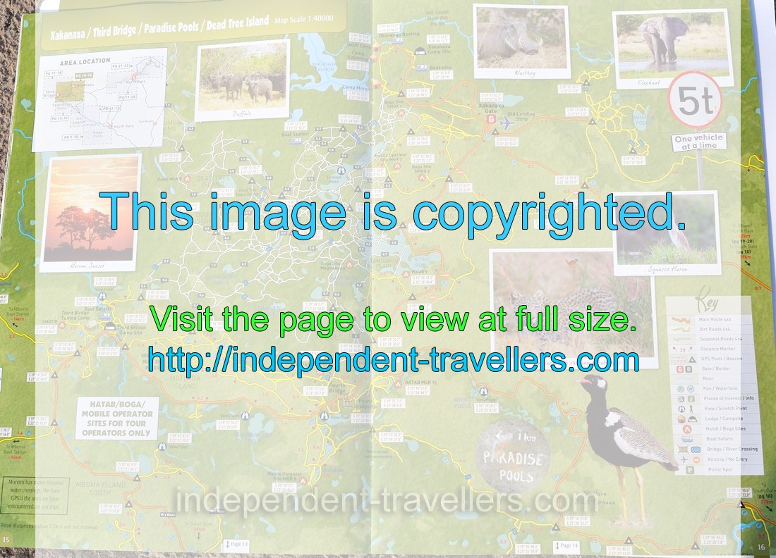 The tourist map: “Xakanaxa, Third Bridge, Paradise Pools, Dead Tree Island” (pages 15-16)