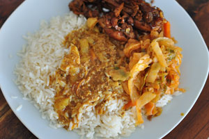 This chicken dish with rice was served in the Choice Take-away & Restaurant in Maun