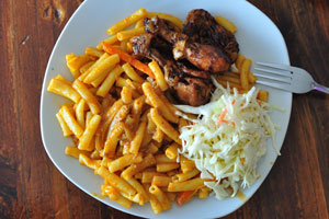 This chicken dish with pasta was served in the Choice Take-away & Restaurant in Maun