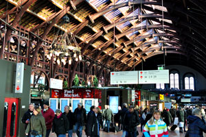 This is the interior of the main building of Copenhagen Central Station in its central area
