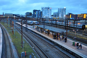 Dybbølsbro train station as seen from the pedestrian bridge which spans over the station