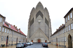 Grundtvig's Memorial Church is beneath the overcast sky