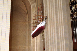 The ship model is hanging in the southern aisle of Grundtvig's Church