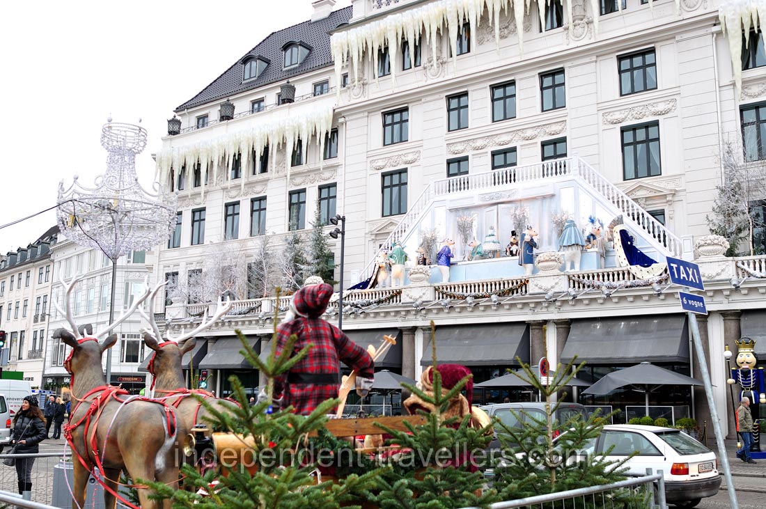 The Christmas facade of the Hotel D'Angleterre as seen from the flying reindeer sleigh of Santa Claus