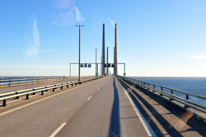 The Øresund Bridge as seen from a windshield of a bus