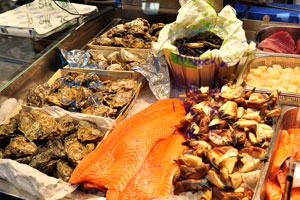 Seafood are for sale at Torvehallerne food market