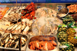 Fish and prawns are for sale at Torvehallerne food market