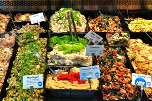 Seafood salads are for sale at Torvehallerne food market