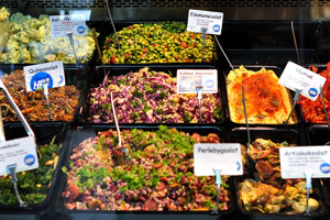 Vegetable salads are for sale at Torvehallerne food market