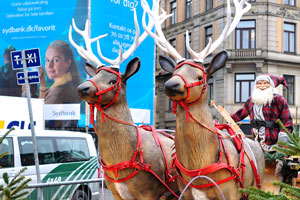 Santa Claus's sleigh with flying reindeers is on Kongens Nytorv square