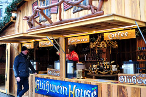 A gluhwein (mulled wine) stand is located at the Christmas market on Kongens Nytorv square