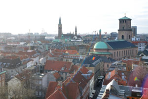 The towers of Copenhagen City Hall and Palace Hotel, the Church of Our Lady