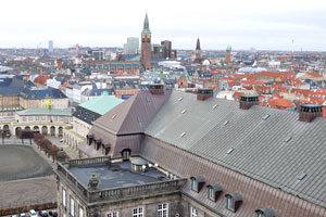 The tower of Copenhagen City Hall as seen from the Christiansborg Castle tower
