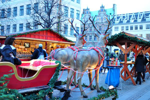 A festive harness of deers is at the Christmas market on Højbro Plads square