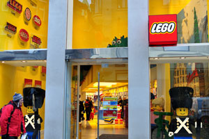 This is the facade of Lego store with its logotypes starting from 1934