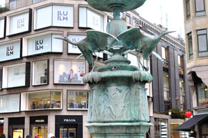 The Stork Fountain is located on Amagertorv square
