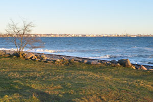 The Swedish city of Helsingborg as seen from the point on the shore near Kronborg castle