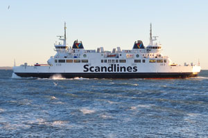 A Scandlines ferry is traveling on the HH Ferry route which connects Helsingør with Helsingborg in Sweden