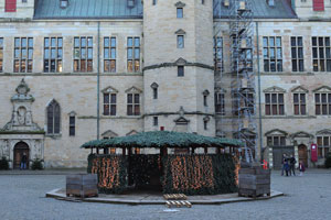The courtyard of Kronborg castle is decorated before the Christmas