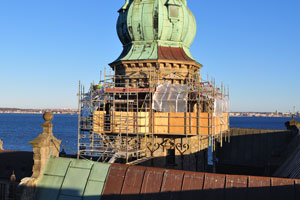 The dome of the main tower of Kronborg castle is under reconstruction in December, 2016