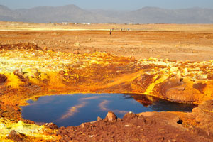 Crater is filled with small ponds of sulphuric acid in different colors
