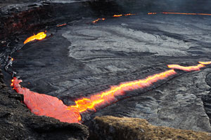 Highly viscous lava oozes out of the newly-formed crack