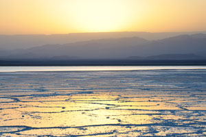 Sunset on the salt lake in the Danakil Depression