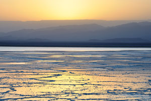 Sunset has just ended on the salt lake in the Danakil Depression