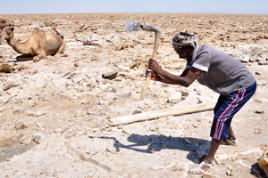 Salt miner uses an axe, because the crust of salt should be cut into large slabs