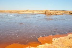 Yellow lake is showing the presence of gas bubbles from the underground