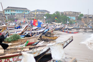 The fisherman's village is located on the shore of the Gulf of Guinea