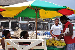 A female vendor sells the fruits to women