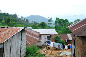 Linen is drying between the houses