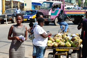 The sale of coconuts is on the street