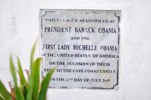 This commemorative plaque in the Cape Coast castle was unveiled by Barack Obama