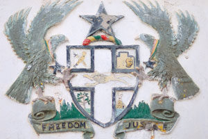 The memorial plate which reads “Freedom and Justice” is in the Cape Coast castle