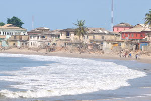 Elmina is situated on a south-facing bay on the Atlantic Ocean coast of Ghana, 12 km (7.5 miles) west of Cape Coast