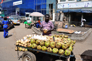 A street vendor of coconuts