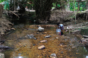A woman is washing dishes in the river stream