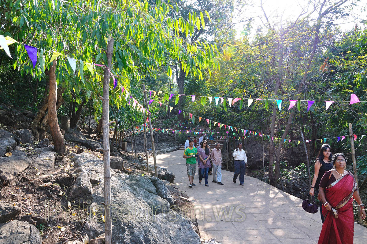 path to the caves decorated with festive flags