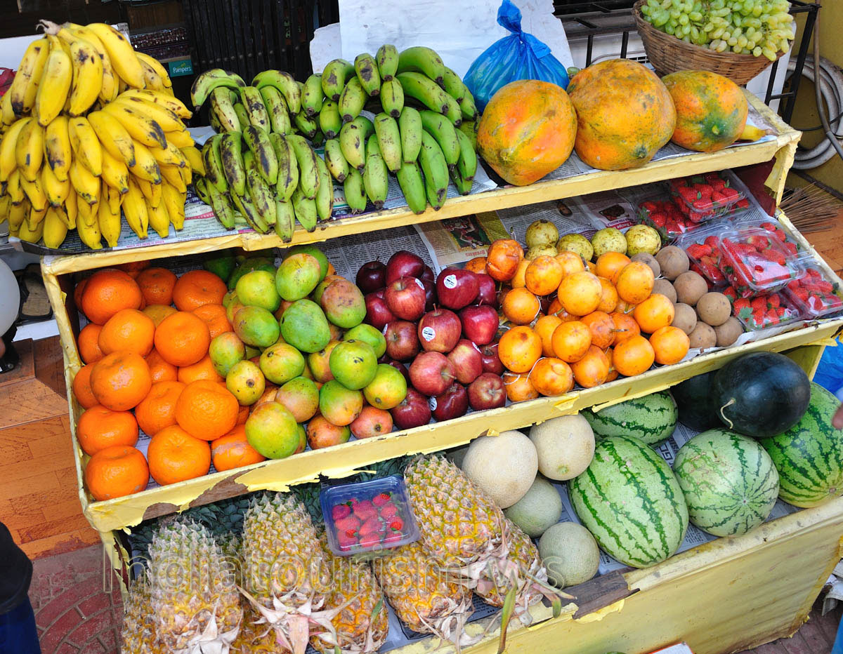 Fruits: mango, papaya, passion fruit (maracuja) and strawberry