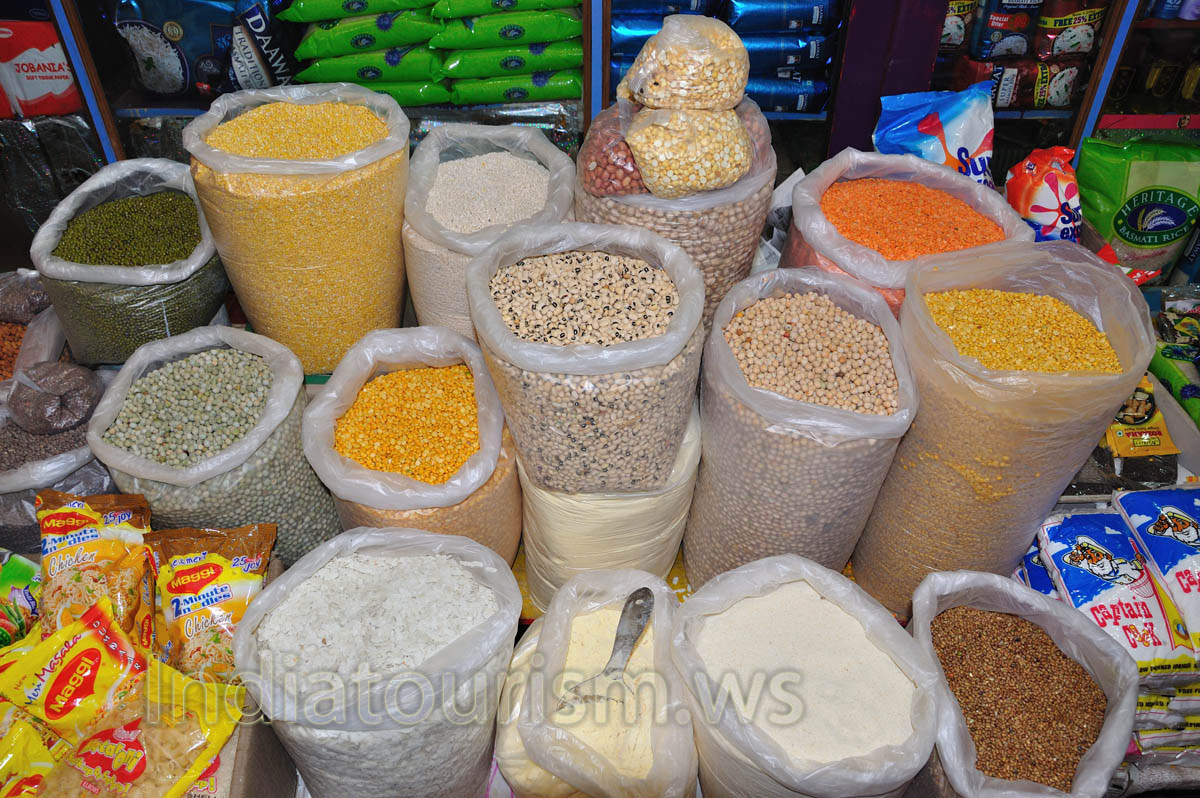 Market near K.B.S.: grains like rice and peas