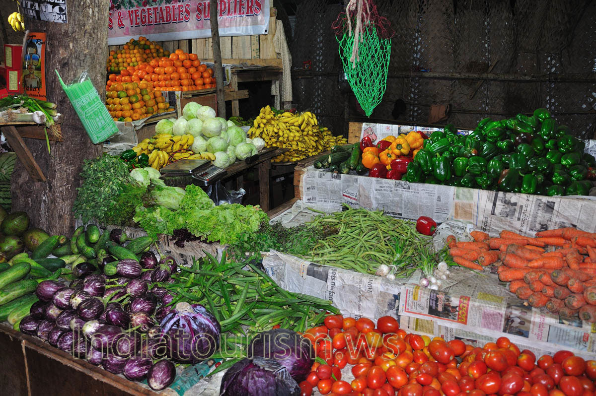 Vegetables and fruits: purple cabbages and yellow bananas, etc.