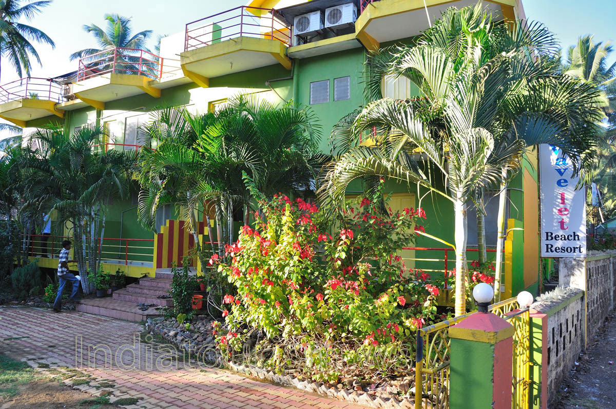Flowers and palms before the entrance to Wavelet Beach Resort